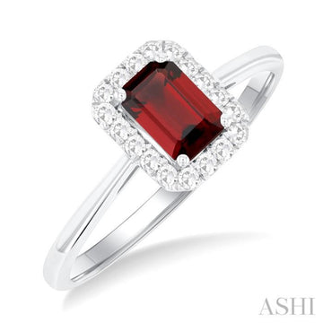 6x4 MM Octagonal Shape Garnet and 1/6 Ctw Round Cut Diamond Halo Semi-Precious Ring in 10K White Gold